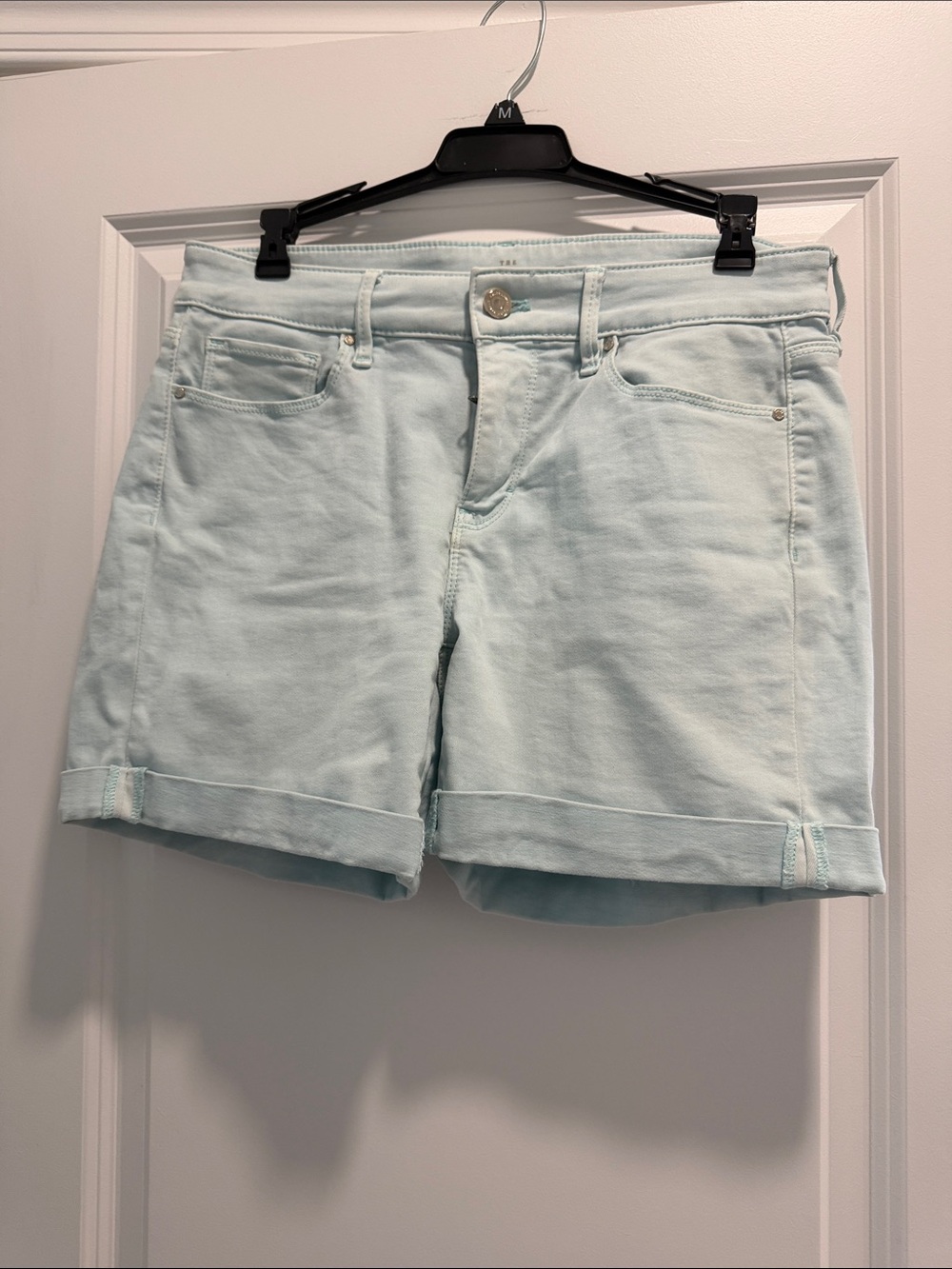 White House Black Market Light Mint Cuffed Denim Shorts. Five inch length.